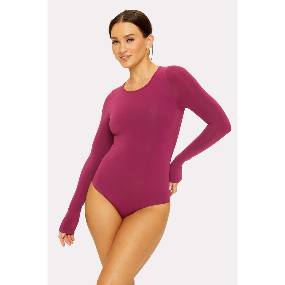 Yitty Nearly Naked Shapewear Bodysuit Burgundy Stretch Long Sleeve Sz‎ 1X/2X